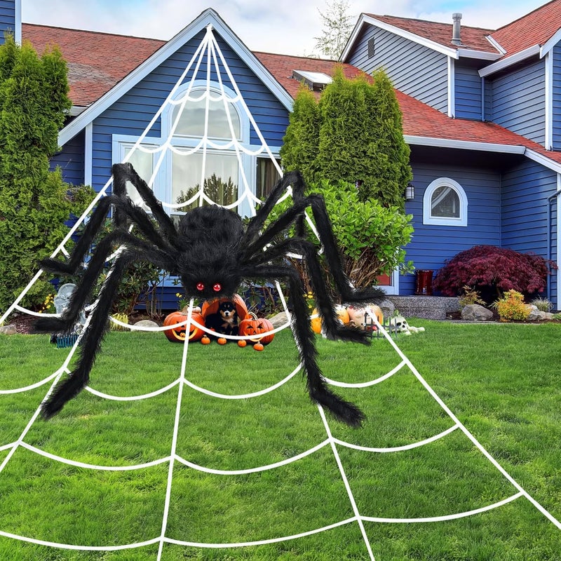 Crogift 200" Halloween Spider Web and 59" Giant Spider Decorations, Scary Fake Spider with Huge Triangular Stretchy Web for Outdoor Yard, Haunted Houses, and Indoor Parties Decor Supplies - Image 1